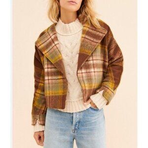 Anthropologie Greylin Sz S Jacket Dasia Plaid Swing Coat Brown Cream Boho Cozy